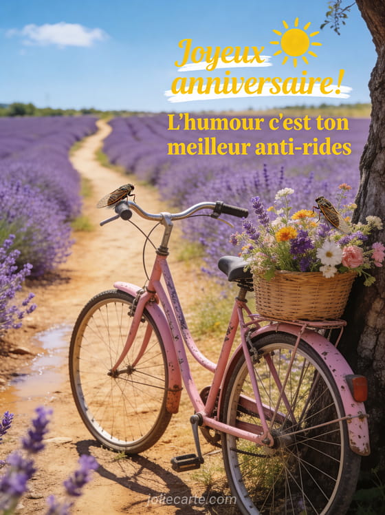Champ de lavande violet sous un ciel d'été bleu avec un vieux vélo rose et un panier de fleurs sauvages