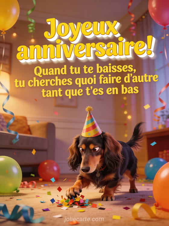 Teckel à poils longs portant un chapeau de fête ramassant des confettis par terre dans un salon festif avec ballons