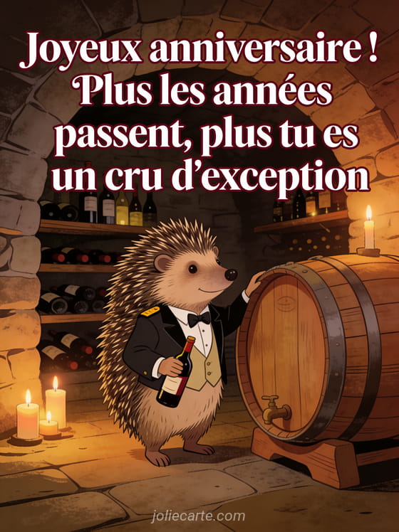 Hérisson portant une veste de sommelier tenant une bouteille de vin à côté d'un tonneau dans une cave voûtée en pierre