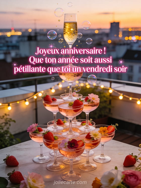 Coupes de champagne rosé en pyramide avec fraises et fleurs comestibles sur une terrasse rooftop au crépuscule