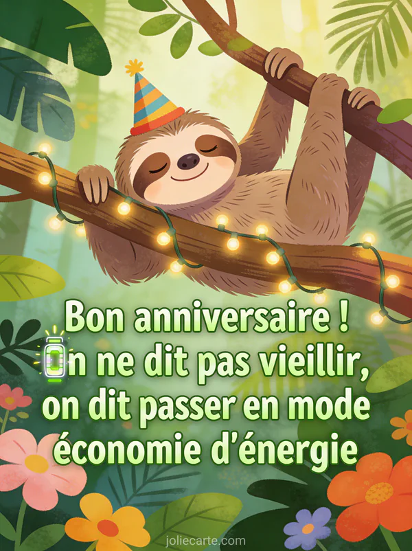 Paresseux accroché à une branche portant un bonnet de fête les yeux mi-clos avec une guirlande lumineuse en forêt tropicale