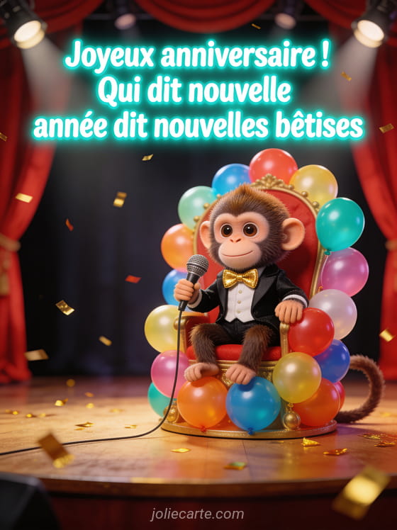 Petit singe capucin portant un smoking miniature et un noeud papillon doré sur un trône de ballons multicolores