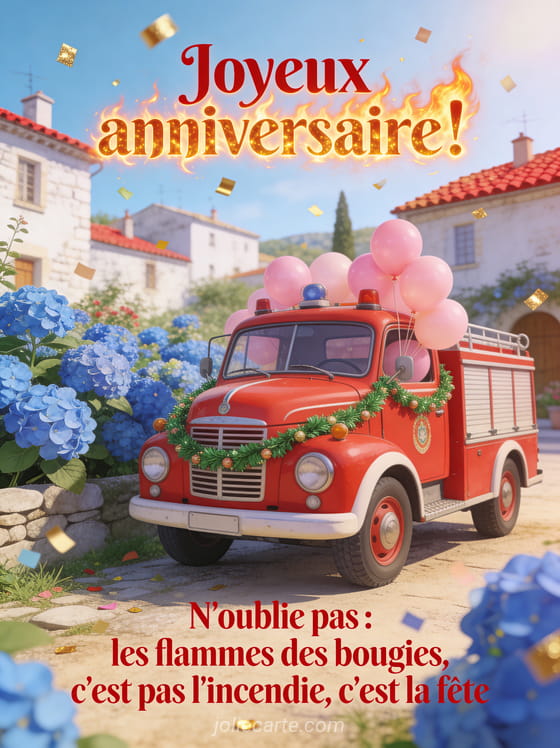 Mini camion de pompiers vintage rouge décoré de guirlandes et ballons roses garé devant un jardin fleuri d'hortensias