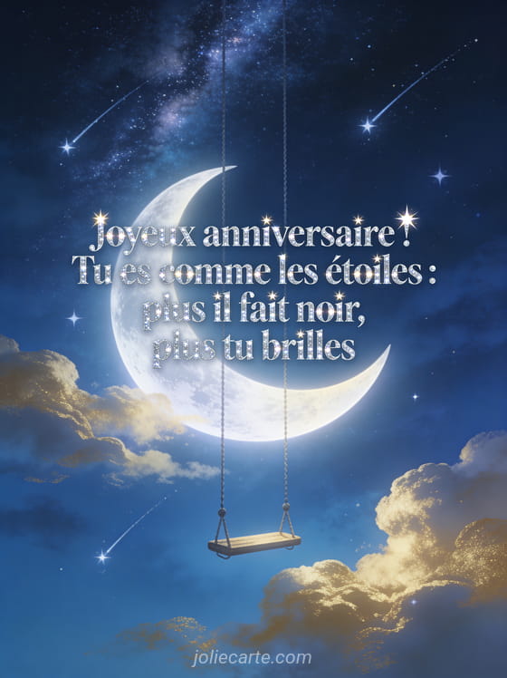 Ciel nocturne avec voie lactée et balançoire suspendue à un croissant de lune lumineux avec étoiles filantes