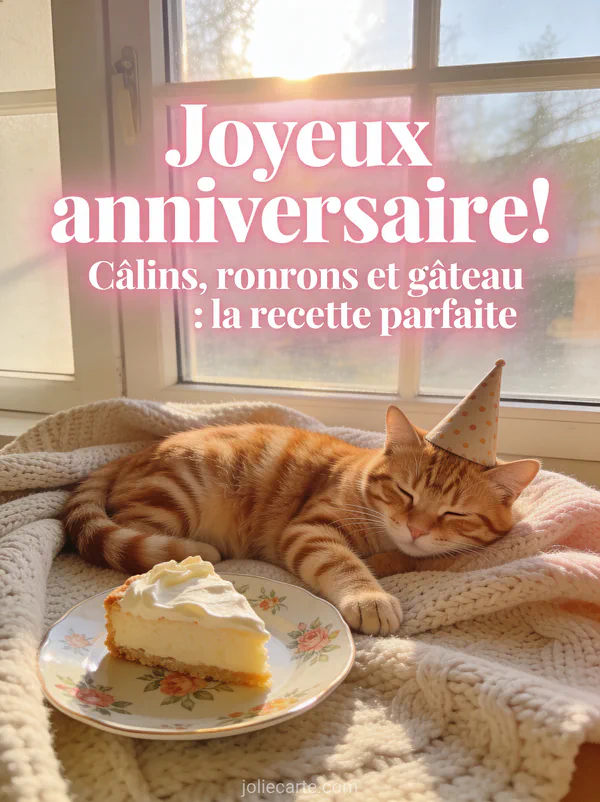 Chat roux tigré portant un petit chapeau pointu de fête allongé à côté d'une part de gâteau à la crème près d'une fenêtre