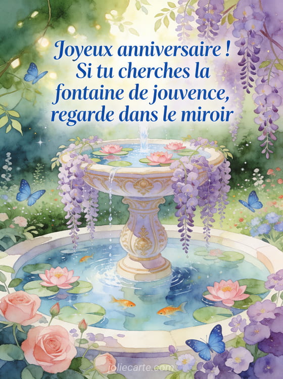 Fontaine baroque ornée avec eau cristalline et nénuphars roses entourée de glycines violettes en cascade dans un jardin botanique