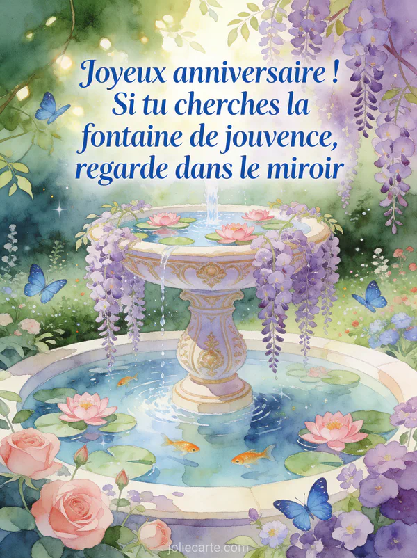 Fontaine baroque ornée avec eau cristalline et nénuphars roses entourée de glycines violettes en cascade dans un jardin botanique