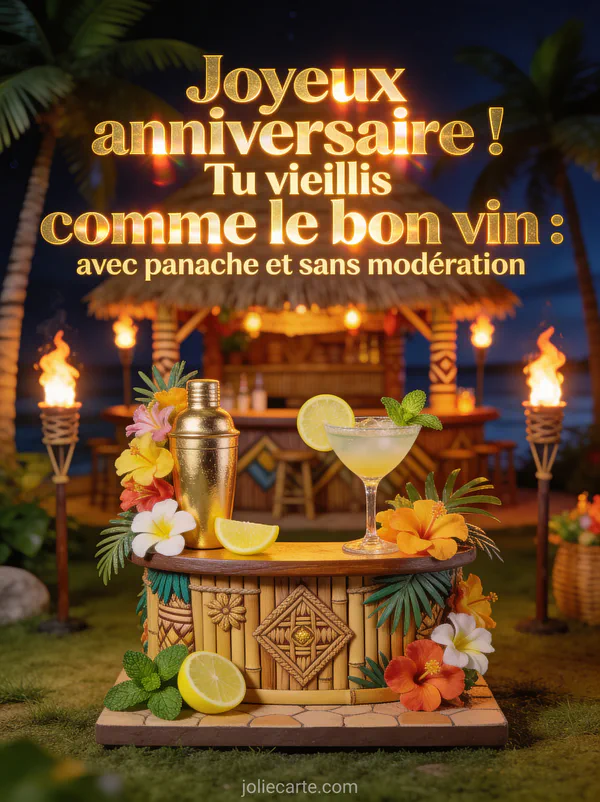 Mini bar à cocktails décoré de fleurs tropicales avec shaker doré et tranches de citron dans un tiki bar avec torches