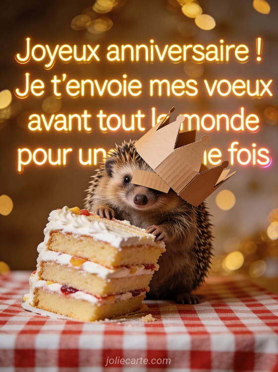 Hérisson portant une couronne de fête trop grande devant un gâteau à étages qui penche avec le texte Joyeux anniversaire