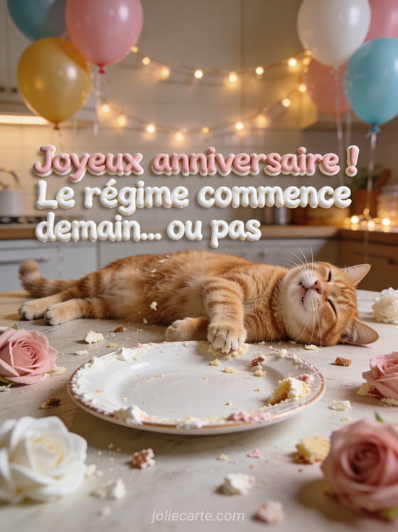 Chat roux allongé sur le dos à côté d'une assiette vide avec des miettes de gâteau et expression de satisfaction