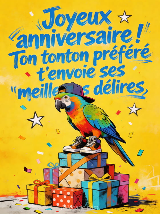 Perroquet multicolore portant une casquette à l'envers et des baskets perché sur une pile de cadeaux style street art