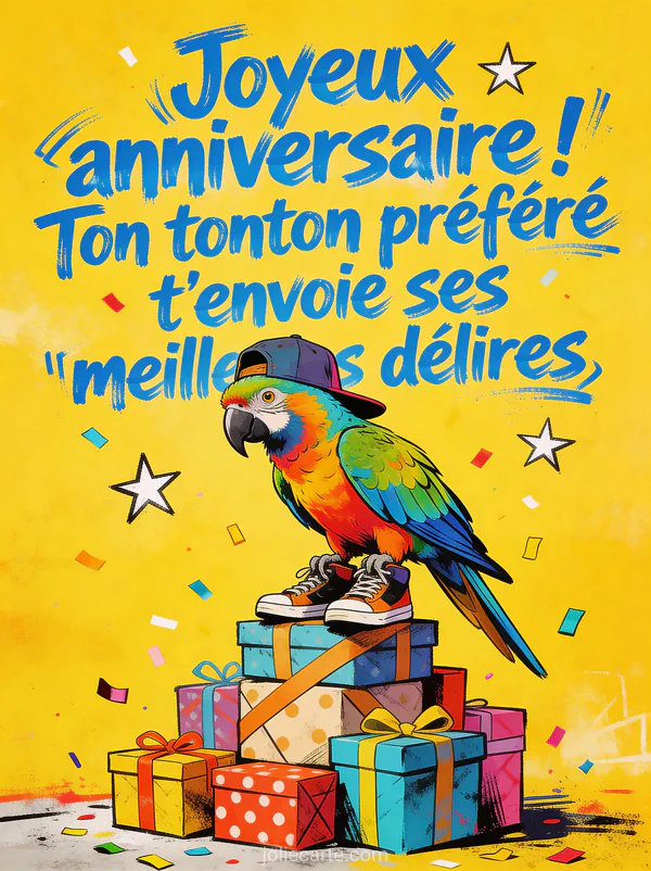 Perroquet multicolore portant une casquette à l'envers et des baskets perché sur une pile de cadeaux style street art