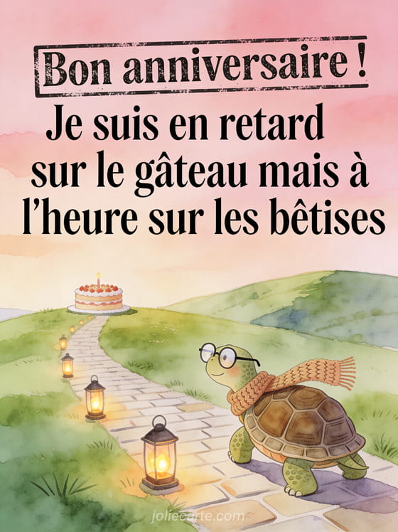 Tortue avec lunettes et écharpe avançant vers un gâteau au loin sur une colline dans un style aquarelle humoristique