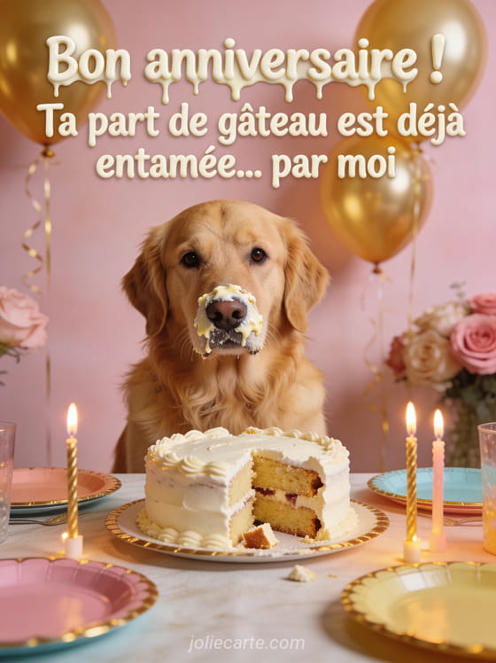 Golden retriever avec du glaçage sur le museau assis devant un gâteau entamé avec expression coupable et ballons dorés