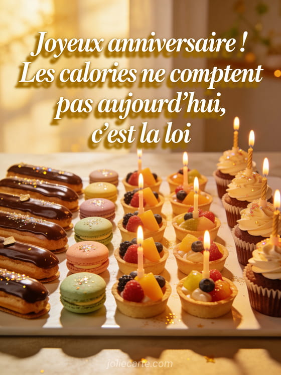 Buffet de desserts avec éclairs au chocolat, macarons colorés, tartes aux fruits et cupcakes avec bougies