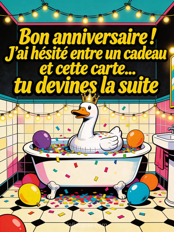 Canard en caoutchouc géant avec couronne dorée dans une baignoire remplie de confettis et ballons style pop coloré