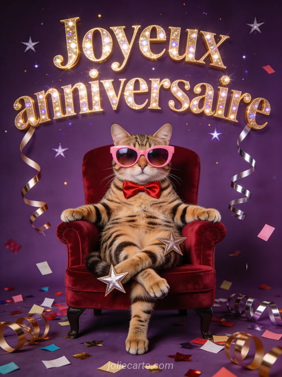 Chat tigré avec énormes lunettes de soleil roses et noeud papillon rouge assis sur un fauteuil en velours avec confettis