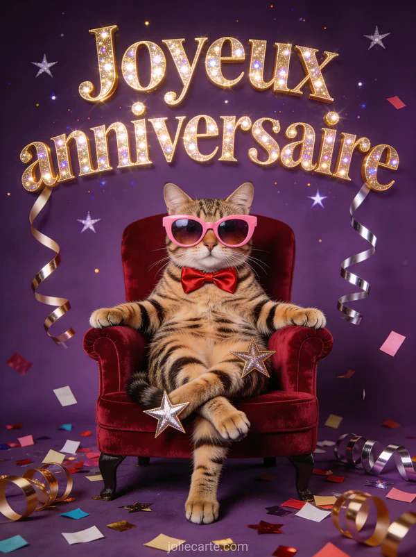 Chat tigré avec énormes lunettes de soleil roses et noeud papillon rouge assis sur un fauteuil en velours avec confettis