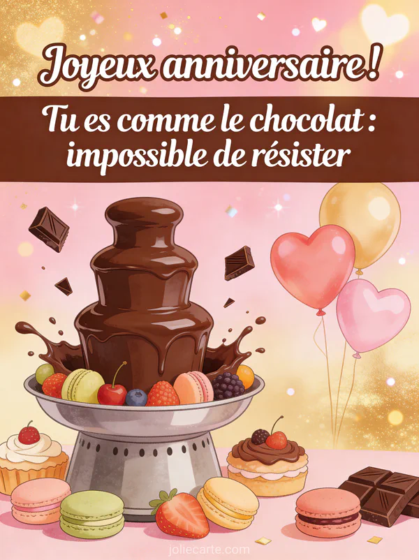 Fontaine de chocolat entourée de fruits, macarons et pâtisseries avec éclats de chocolat et ballons coeurs