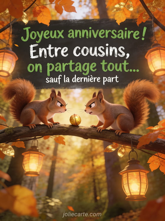 Deux écureuils face à face sur une branche avec une noisette dorée entre eux dans une forêt automnale avec lanternes