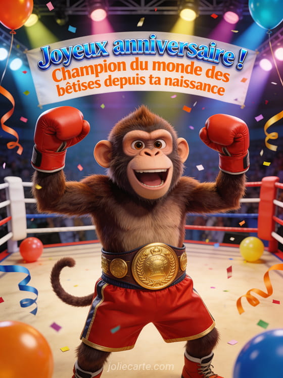 Singe en tenue de boxeur avec ceinture de champion dorée posant sur un ring décoré de ballons et confettis