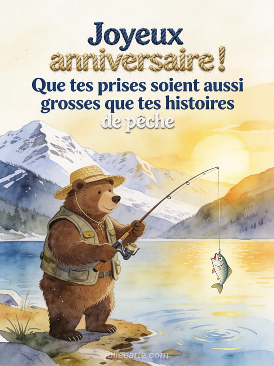 Ours brun en gilet de pêche et chapeau de paille tenant une canne à pêche au bord d'un lac de montagne avec un minuscule poisson