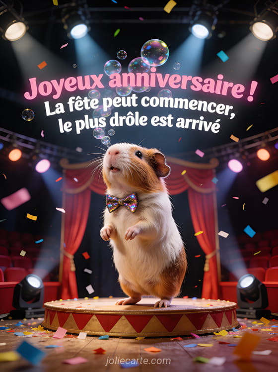 Cochon d'Inde debout portant un noeud papillon à paillettes sur une scène miniature avec rideau rouge et projecteurs