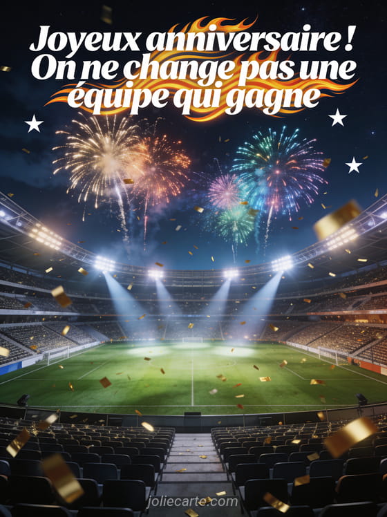 Stade de nuit avec feux d'artifice multicolores, confettis dorés et projecteurs illuminant le terrain vert