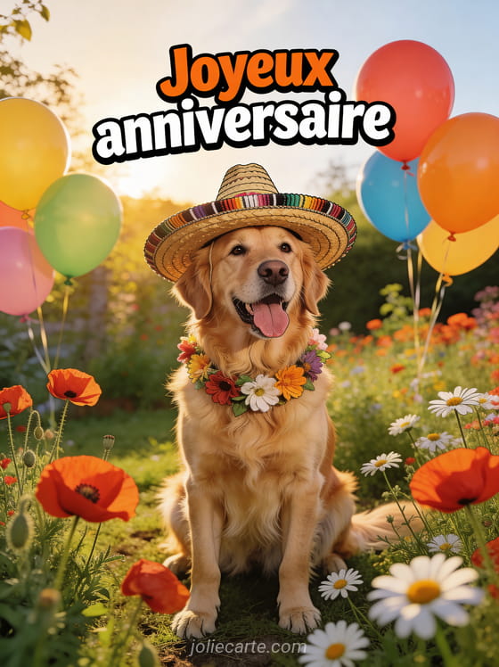 Golden retriever portant un sombrero mexicain et un collier de fleurs avec expression joyeuse dans un jardin fleuri
