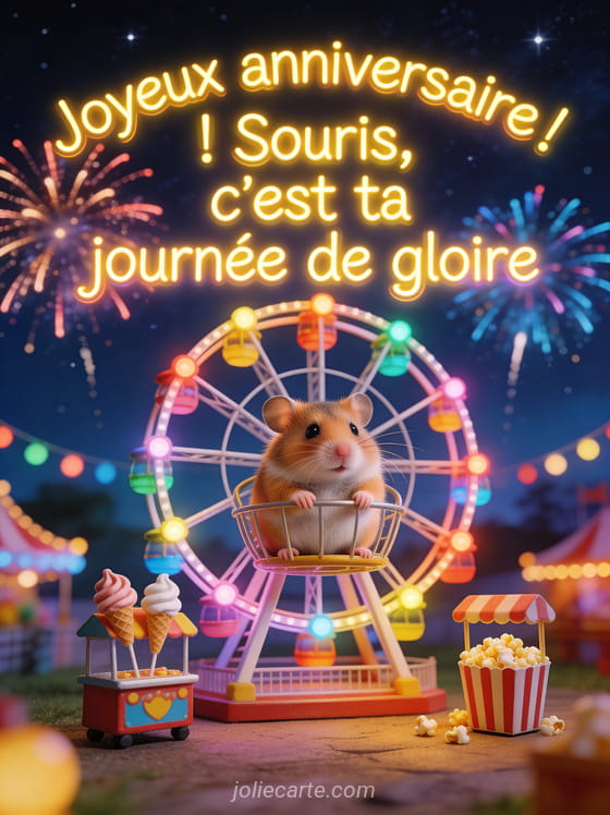 Hamster dans une roue géante de fête foraine avec lumières colorées et stands de barbe à papa sous un ciel étoilé