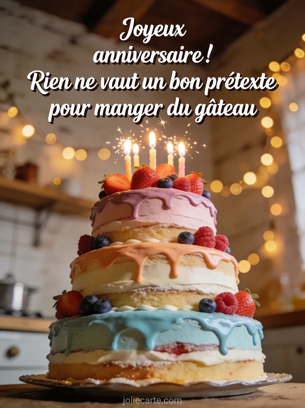 Magnifique gâteau à cinq étages avec glaçages colorés décoré de fraises, myrtilles et framboises avec bougies scintillantes