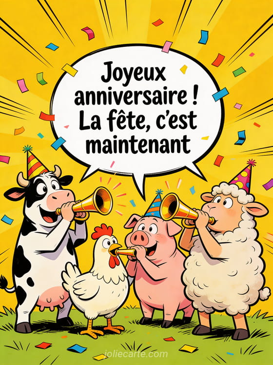 Caricature cartoon d'animaux de ferme portant des chapeaux de fête et soufflant dans des trompettes avec confettis