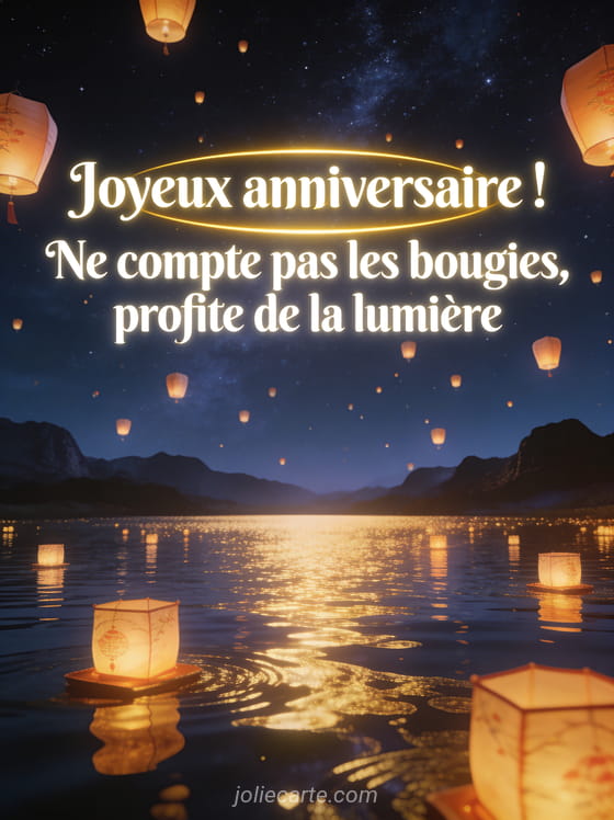 Paysage féerique de nuit avec des milliers de lanternes chinoises lumineuses flottant au-dessus d'un lac calme