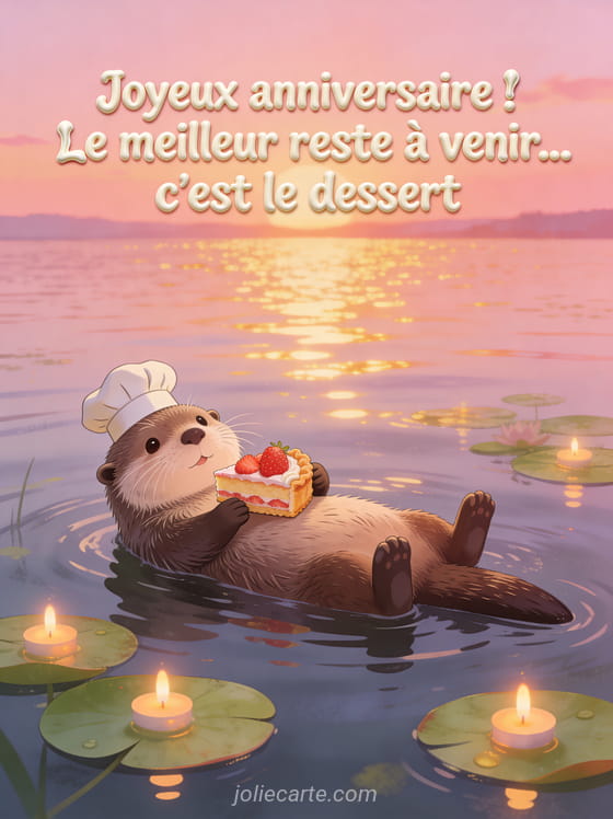 Loutre allongée sur le dos dans l'eau portant un chapeau de chef et tenant une part de tarte aux fraises avec nénuphars