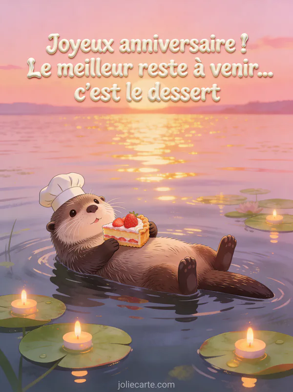 Loutre allongée sur le dos dans l'eau portant un chapeau de chef et tenant une part de tarte aux fraises avec nénuphars