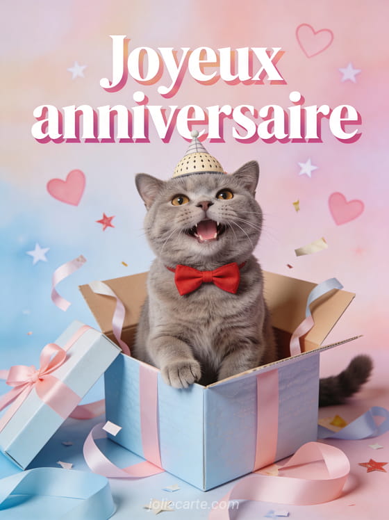 Chat british shorthair gris portant un chapeau melon et noeud papillon rouge assis dans une boîte cadeau ouverte