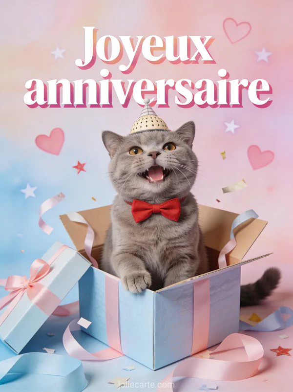 Chat british shorthair gris portant un chapeau melon et noeud papillon rouge assis dans une boîte cadeau ouverte