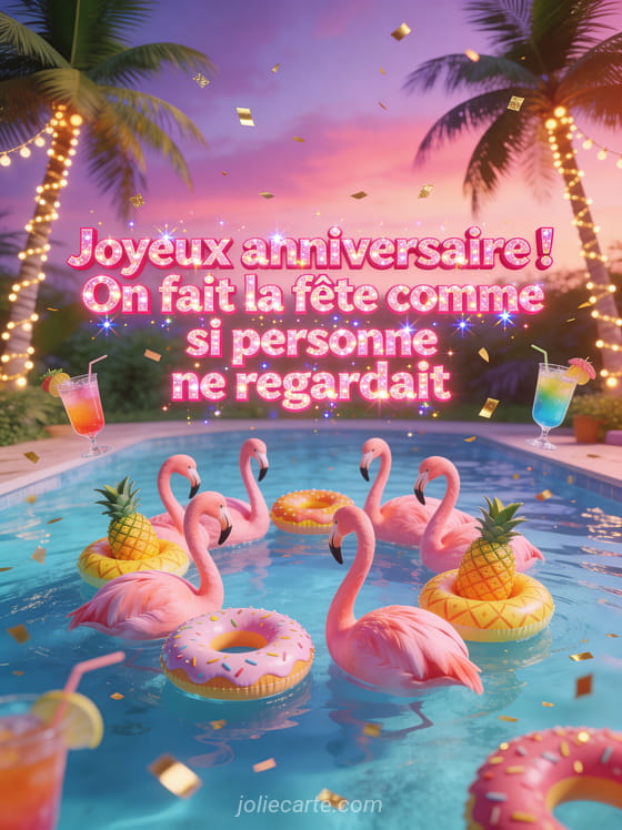 Flamants roses en cercle dans une piscine avec bouées ananas et donuts, palmiers et guirlandes sous un ciel tropical