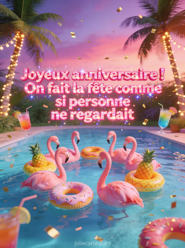 Flamants roses en cercle dans une piscine avec bouées ananas et donuts, palmiers et guirlandes sous un ciel tropical