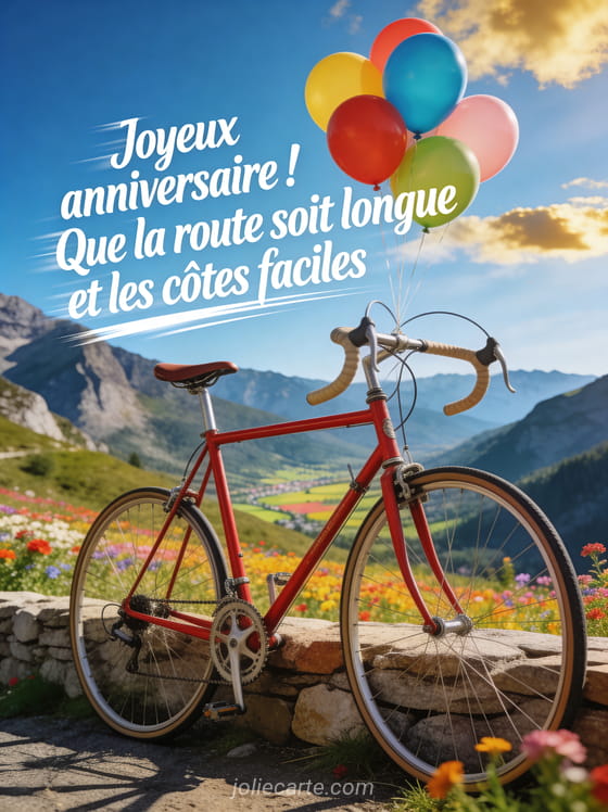 Vélo de course vintage rouge au sommet d'un col de montagne avec panorama de vallée fleurie et ballons au guidon