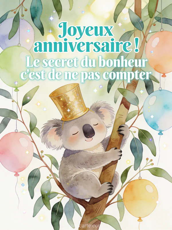 Koala accroché à un eucalyptus portant un chapeau de fête doré trop grand avec expression ensommeillée et ballons pastels