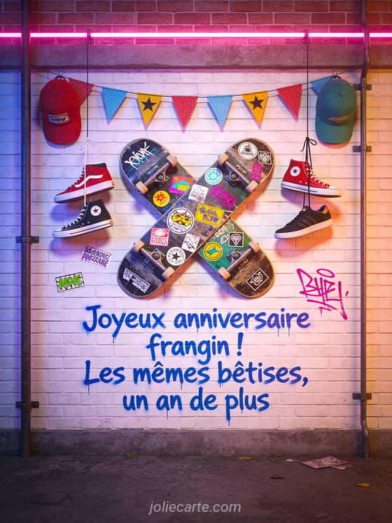 Deux skateboards croisés sur un mur de briques avec stickers et tags colorés, guirlande de fanions et sneakers suspendues