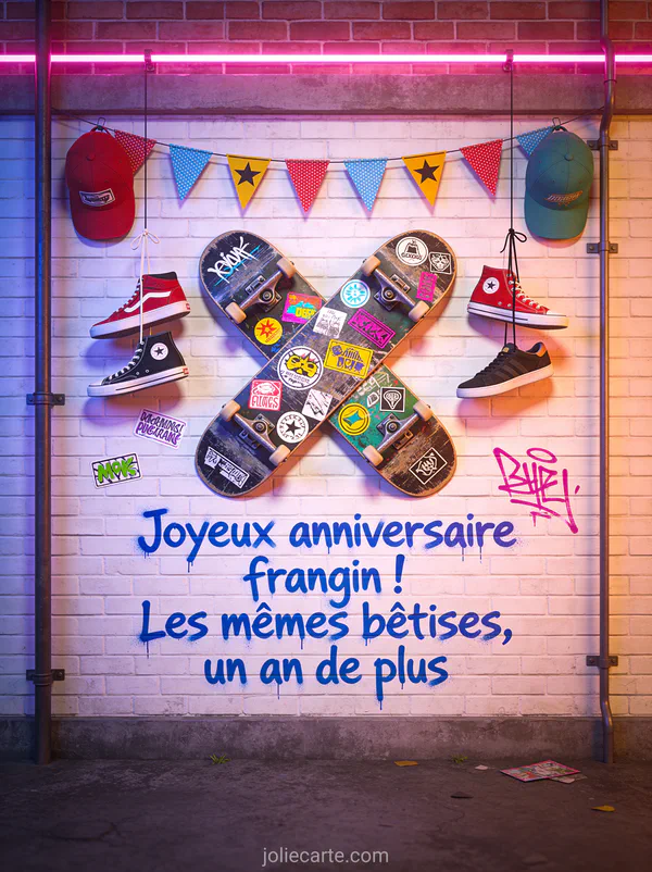 Deux skateboards croisés sur un mur de briques avec stickers et tags colorés, guirlande de fanions et sneakers suspendues