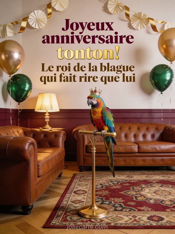Perroquet ara multicolore sur un perchoir doré portant une couronne dans un salon rétro avec ballons et guirlandes