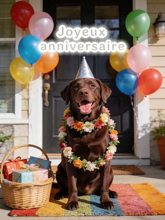 Labrador chocolat portant une guirlande de fleurs et un chapeau de fête argenté devant une porte décorée de ballons