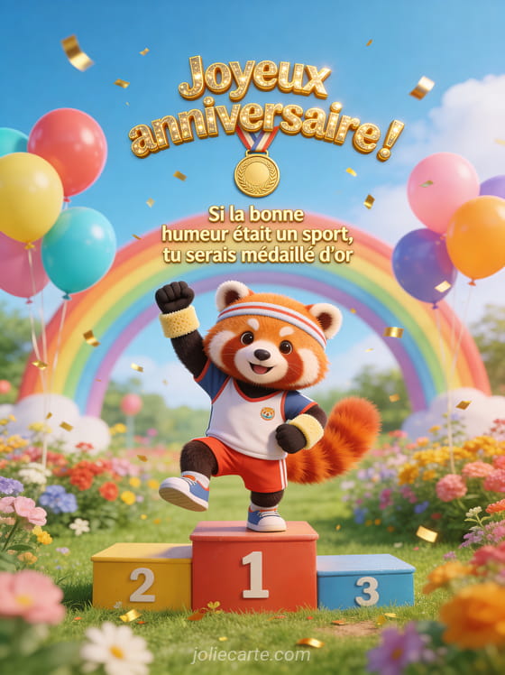 Panda roux en tenue de jogging avec bandeau faisant une pose de victoire sur un podium dans un parc fleuri avec arc-en-ciel