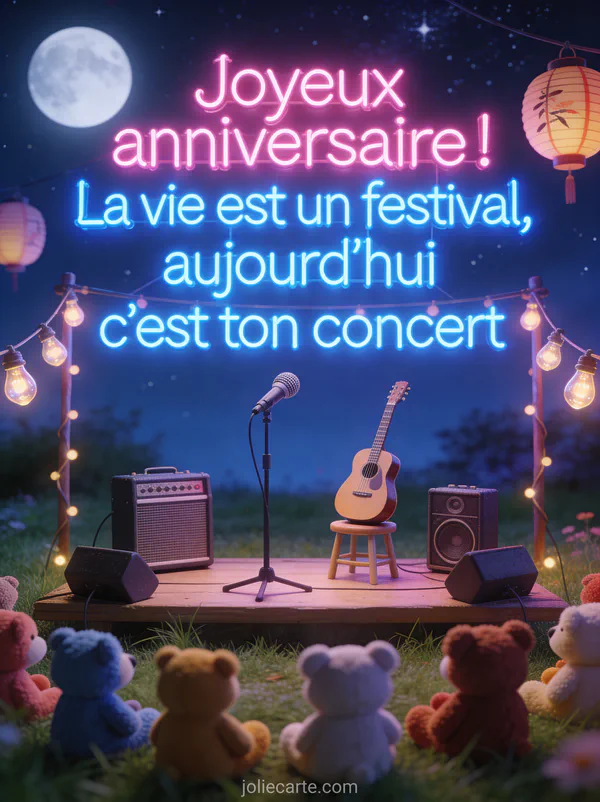 Scène de concert miniature avec micro, guitare et amplis, guirlandes d'ampoules et peluches assises dans l'herbe sous un ciel étoilé