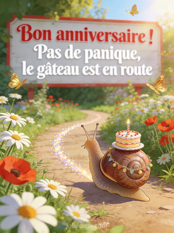 Escargot portant un gâteau d'anniversaire sur sa coquille décorée de guirlandes dans un jardin fleuri avec papillons dorés