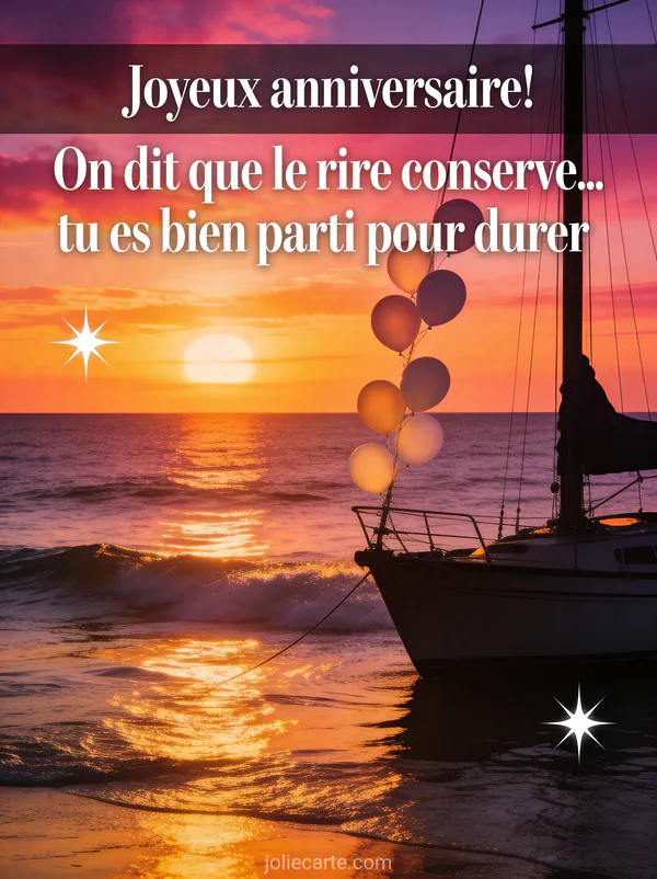 Coucher de soleil flamboyant sur l'océan avec voilier et ballons attachés au mât, reflets dorés sur les vagues