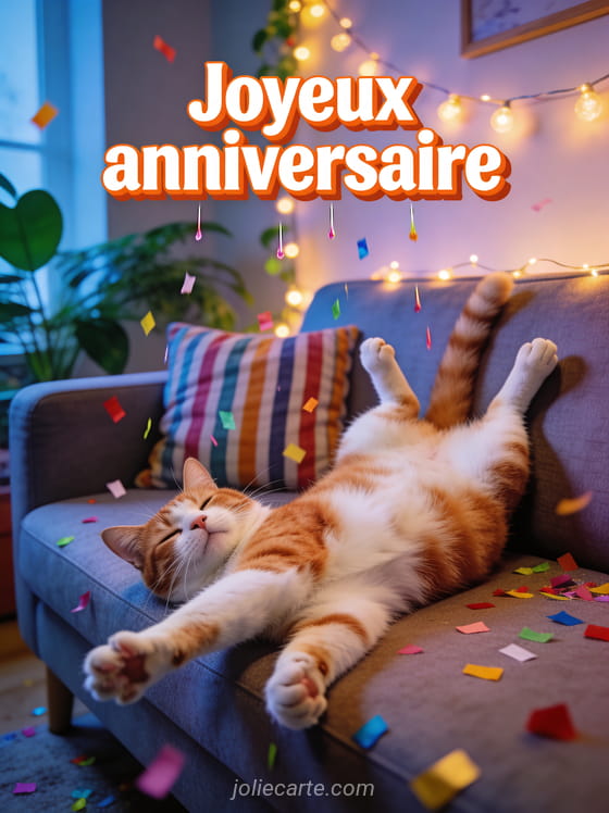 Chat roux et blanc allongé pattes en l'air sur un canapé avec expression de relaxation comique et confettis colorés